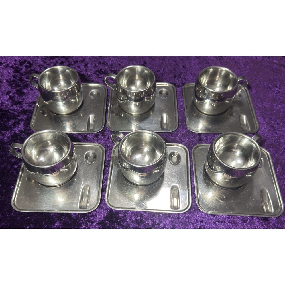 Tramontina Espresso Set‎ Cups Plates 12pc Inox Stainless Steel Double Wall
